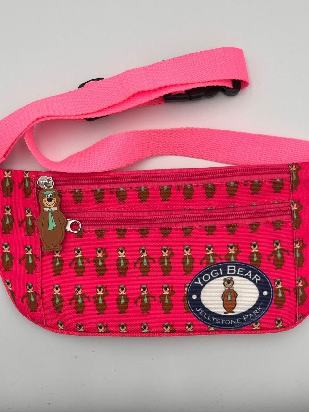 New Yogi Bear Jellystone Pink Fanny Pack All Print 3 Zipper Pockets Belt Bag